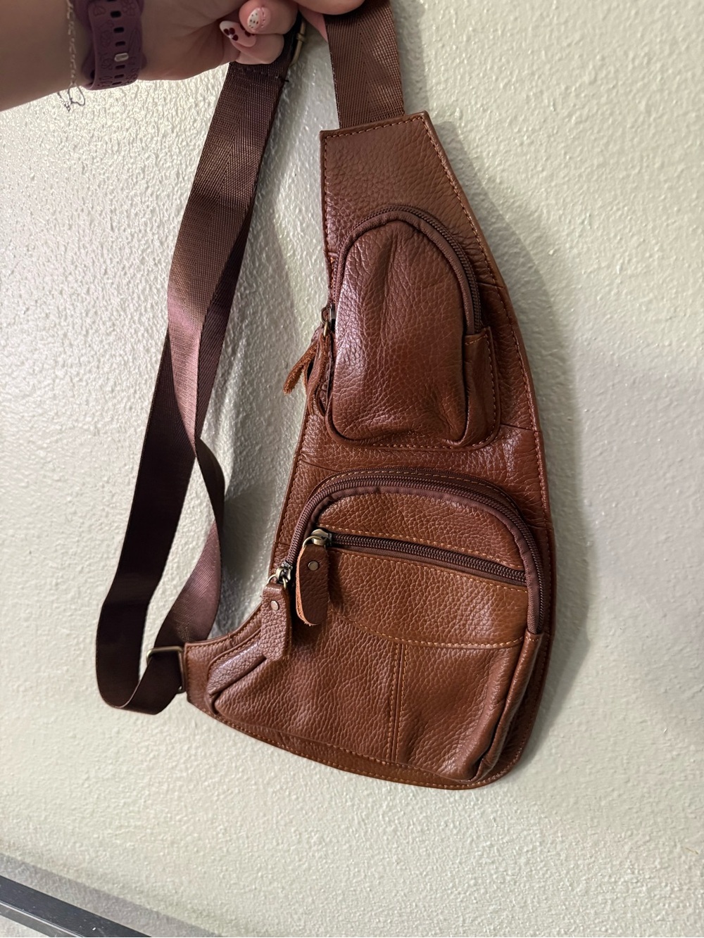 Brown Pebbled Leather-Look Sling Bag Multi Pocket Crossbody Backpack - Picture 2 of 7